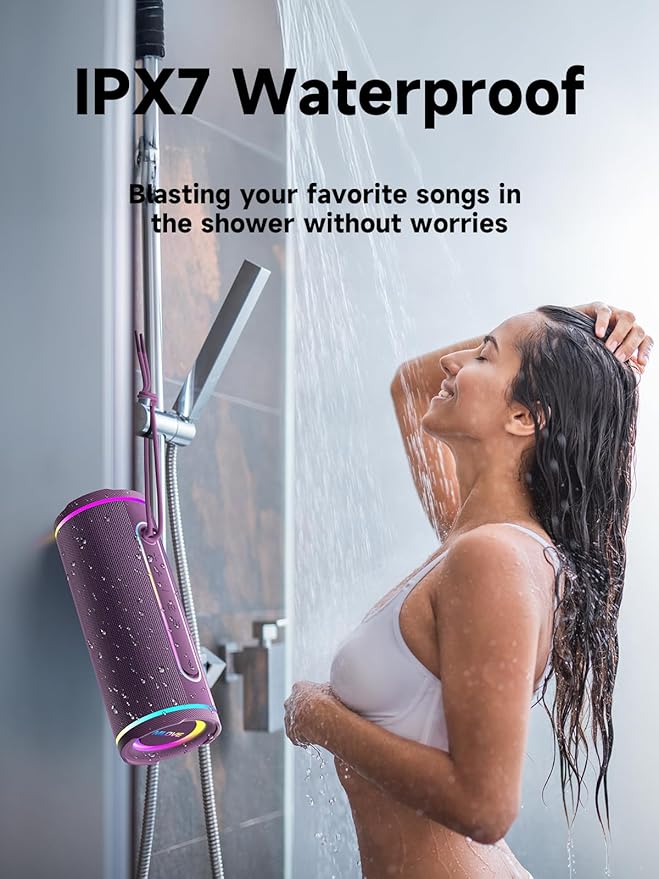 MLOVE E80 Speakers Bluetooth Wireless, Portable Bluetooth Speaker with Aux Input, Micro SD Card Slot, Bass Boost, Dual Pairing, Lights, IPX7 Waterproof, BT5.4 for Outdoor, Travel, Car, TV, 30W, Purple