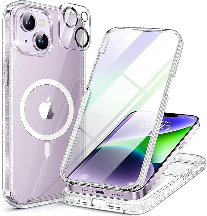 Miracase Glass Series Designed for iPhone 14 Plus Case 6.7 inch, 2023 Upgrade Full-Body Magnetic Clear Case with Built-in 9H Tempered Glass Screen Protector,Compatible with MagSafe,Clear Glitter