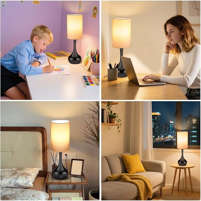Mid Century Modern Droplet Table Lamp,Touch Control & 3-Way Dimmable,No Assembly Required Cylinder Shade,Black Vintage Farmhouse Bedside Lamp for Bedroom,Nightstand,Living Room,Office