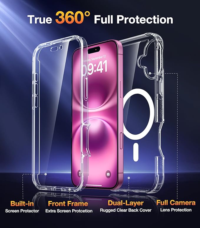 Diaclara Magnetic Designed for iPhone 16 Case, Compatible with MagSafe Built-in Touch Sensitive Anti-Scratch Screen Protector, Upgraded [Full Camera Protection] for iPhone 16 6.1" (Clear)