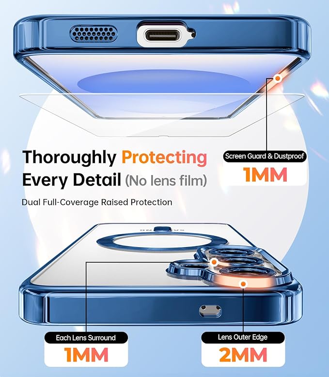 Meifigno Case Designed for Samsung Galaxy S25 6.2 inch, [Compatible with MagSafe] [2X HD Screen Protectors] [Glitter Card & Wrist Strap] Full Lens Protection Case for Galaxy S25, Navy