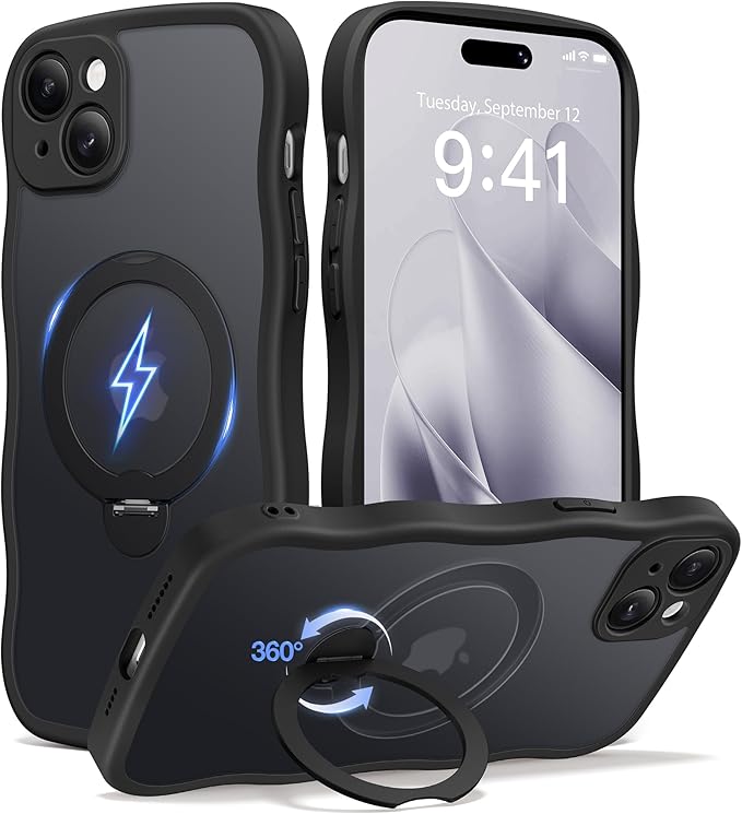 CAPRARO for iPhone 15 Case with 360° Spin Magnetic Stand for Women, [Compatible with MagSafe] [Full Camera Protection] Cute Wave Translucent Matte Case for iPhone 15, Black