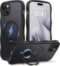 CAPRARO for iPhone 15 Case with 360° Spin Magnetic Stand for Women, [Compatible with MagSafe] [Full Camera Protection] Cute Wave Translucent Matte Case for iPhone 15, Black