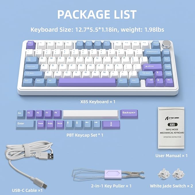 YINDIAO X85 Wireless Mechanical Keyboard, TKL 82 Keys Bluetooth 5.0/2.4GHz/USB-C Hot Swappable Custon Keyboard, Knob Control, Gasket Structure, RGB Backlit Gaming Keyboard for PC/Mac/PS4/Xbox (Purple)