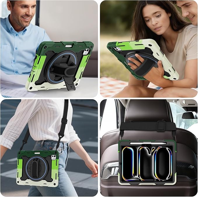 iPad Pro 11 Inch Case M5 2025/M4 2024, Heavy Duty Shockproof Protective Case with Screen Protector, 360° Rotating Stand Hand Strap Shoulder Strap Kids Cover Apple Pencil Holder