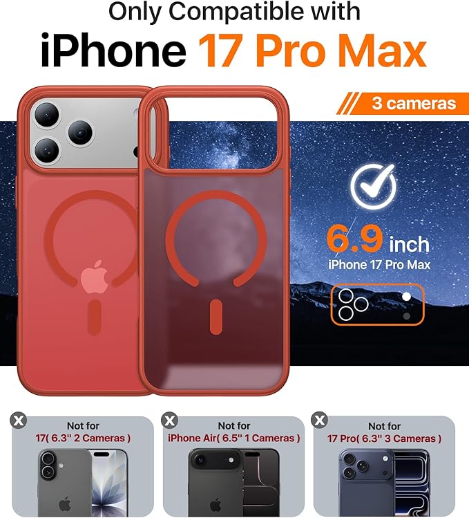 Magnetic for iPhone 17 Pro Max Case,[Anti-Slip][Compatible with MagSafe][Military Grade Drop Protection] Shockproof Protective Translucent Matte Phone Case for iPhone 17 Pro Max Case,Red