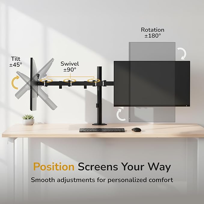 Mount-It! Dual Monitor Stand, Full Motion Desk Mount for 2 Screens up to 32” and 19.8 lbs Each, Tilt Swivel Rotate, VESA 75x75 & 100x100, Adjustable Dual Screen Arm with C-Clamp or Grommet