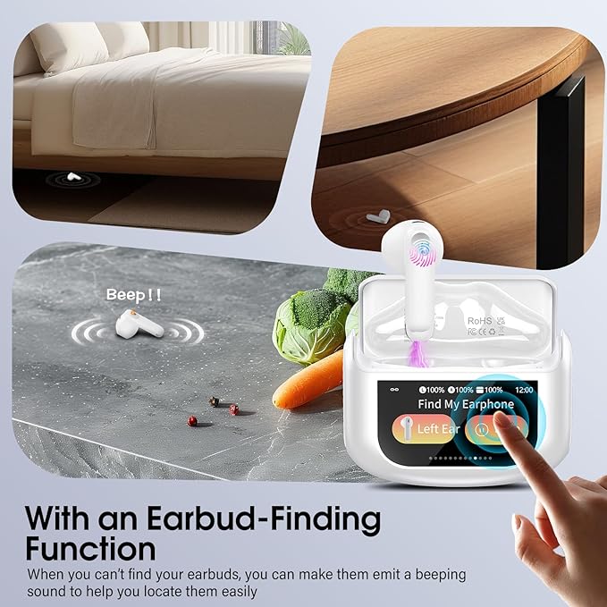 Wireless Earbuds, Bluetooth 5.4 Headphones with Multifunctional Touch Screen, 48H Hi-Fi Stereo Ear Buds with ENC Noise Cancelling Mic/5 EQ Modes Earbuds, IPX7 Earphones for iOS Android White