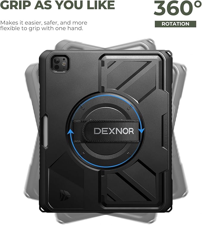 Dexnor for iPad Pro 13 inch Case M5 2025/M4 2024, Rugged Protective Case with 360° Rotating Hand Strap & Large Steady Stand & Screen Protector & Pencil Holder Shockproof Full-Body Bumper Cover,Black