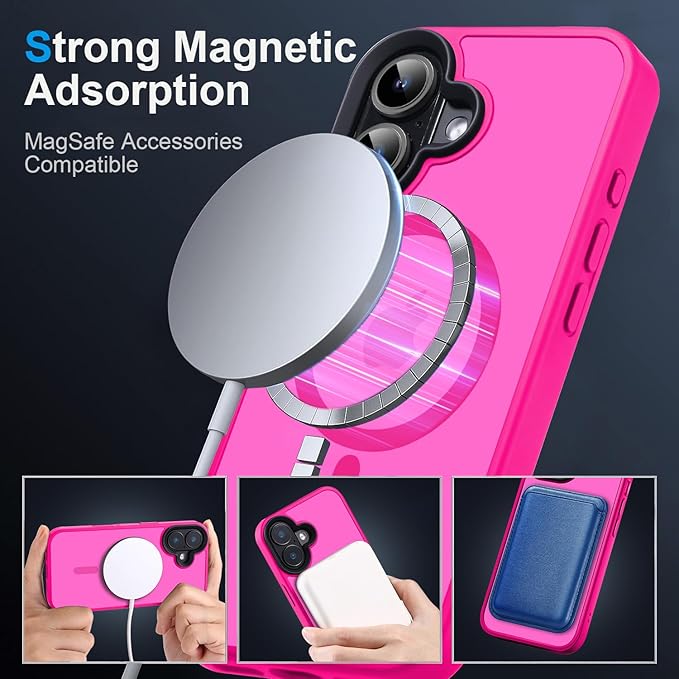 Strong Magnetic Case for iPhone 16 Case [5X-Grade Drop Tested & Compatible with MagSafe] Translucent Anti-Fingerprint Shockproof Protective Cover 6.1 Inch,Hot Pink