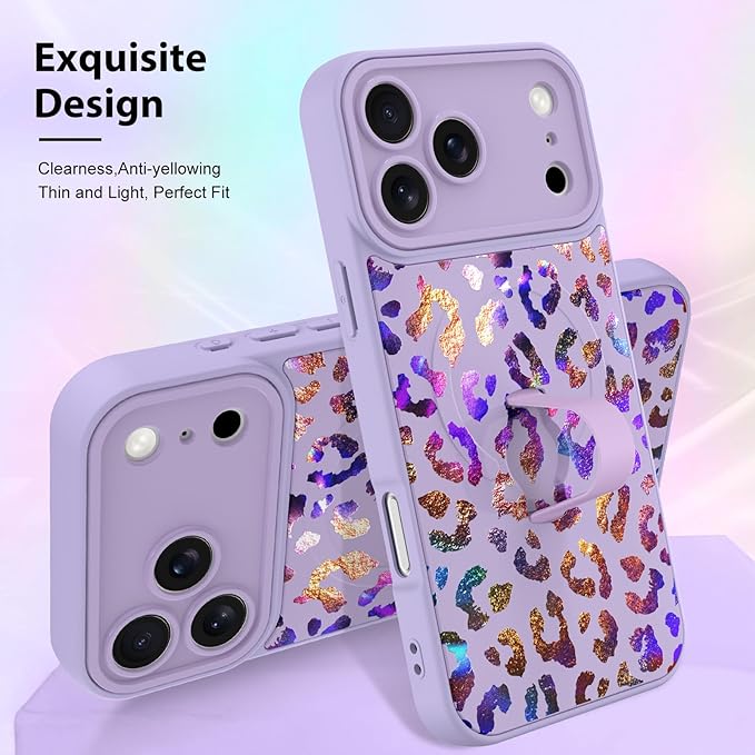 KANGHAR Compatible with iPhone 17 Pro Case, Support for MagSafe, Silicone Cute Iridescent Leopard Cheetah Pattern, Wristband Kickstand Shockproof Protective Slim Cover for Women Girls, Purple