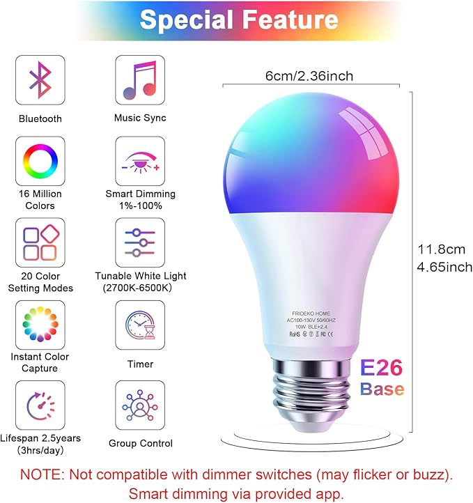 FRIDEKO HOME LED Smart Light Bulbs - Wi-Fi & Bluetooth Light Bulbs, Color Changing Light Bulb Compatible with Alexa and Google Assistant, A19 E26 RGBTW Light Bulb, 800LM (Bluetooth-4Pac)
