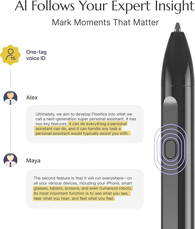 Flowtica Scribe AI Voice Recorder, App Control, Transcribe & Summarize, HiFi Audio with Noise Cancellation, Background Auto-Sync, Note Taker for Meetings & Lectures, Ultra-Slim, Pogopin Cable Included