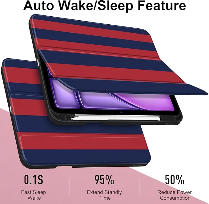 Case for iPad Air 11 inch M4 2026 M3 2025 M2 2024 Release with Pencil Holder Clear Back Shell Lightweight Shockproof TPU Edge Trifold Stand Auto Wake Sleep Cute Cover, Red Navy Stripes