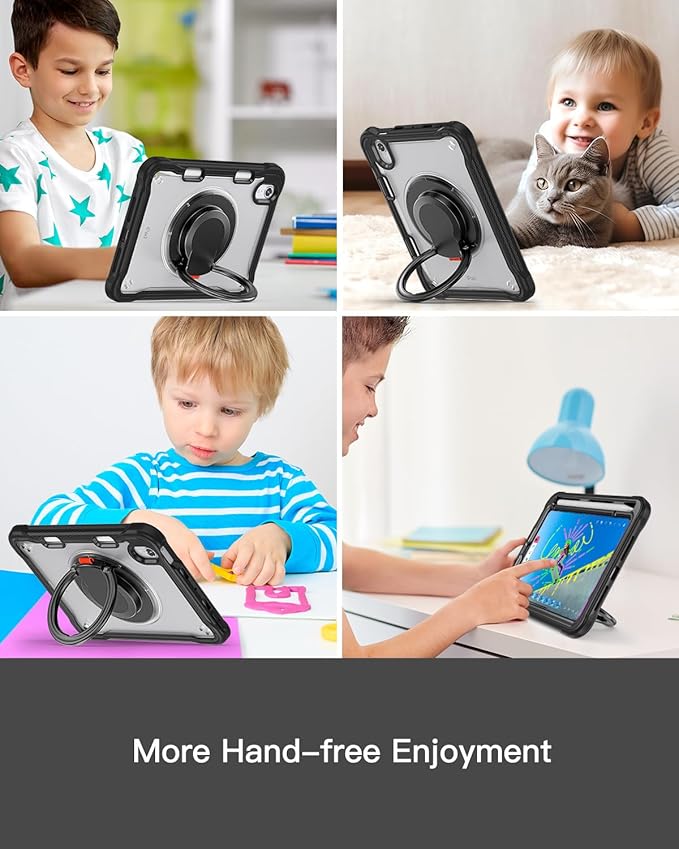 BRAECN for iPad (a17 pro) Mini 7/Mini 6 Case 2024/2021 8.3 inch with Pencil Holder Protective Clear Ring Handle 360 Rotating Stand Shockproof Dropproof Rugged Carrying Shoulder Strap Kids Friendly