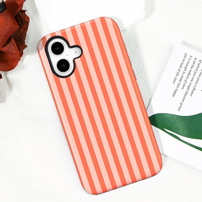 Magnetic for iPhone 17 Case Cute Stripes Phone Case, Shockproof Slim TPU and Hard PC Protective Phone Cover Compatible with MagSafe Designed for Women Girls, Deep Orange
