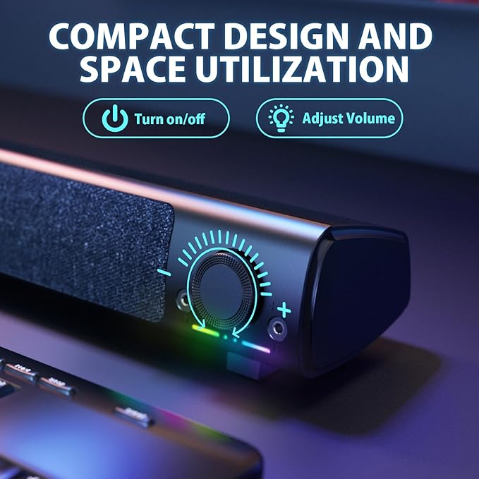 Computer Speakers, USB Powered 3.5mm AUX PC Sound Bar for Desktop Monitor, Gaming Speakers with Headphones & Microphone Link, Superb Stereo Sound, Plug-n-Play (Black)
