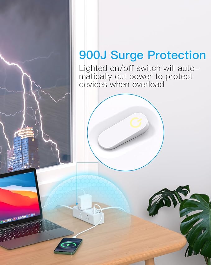 1Ft Extension Cord with Multiple Outlets, Flat Plug Power Strip Surge Protector with 1 Ft Cord, 6 Outlet 4 USB Ports (2 USB C), Multi Outlet Wall Plug for Travel, College, Dorm Room Essentials(White)