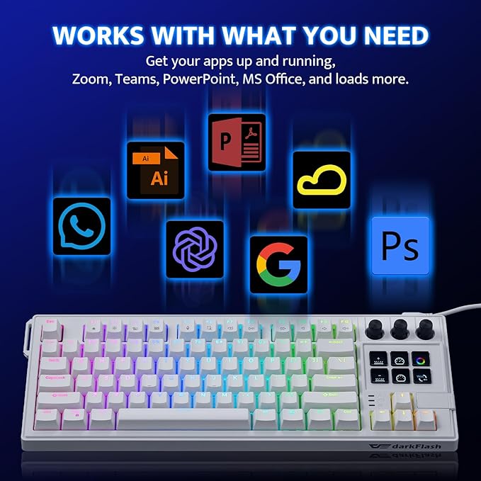 darkFlash K87PRO TKL Mechanical Keyboard with 6 LCD Stream Control Keys & 3 Media Knobs – Gasket Mount, Hot-Swappable RGB Gaming & Streaming Macro Keyboard for PC & Mac (White)