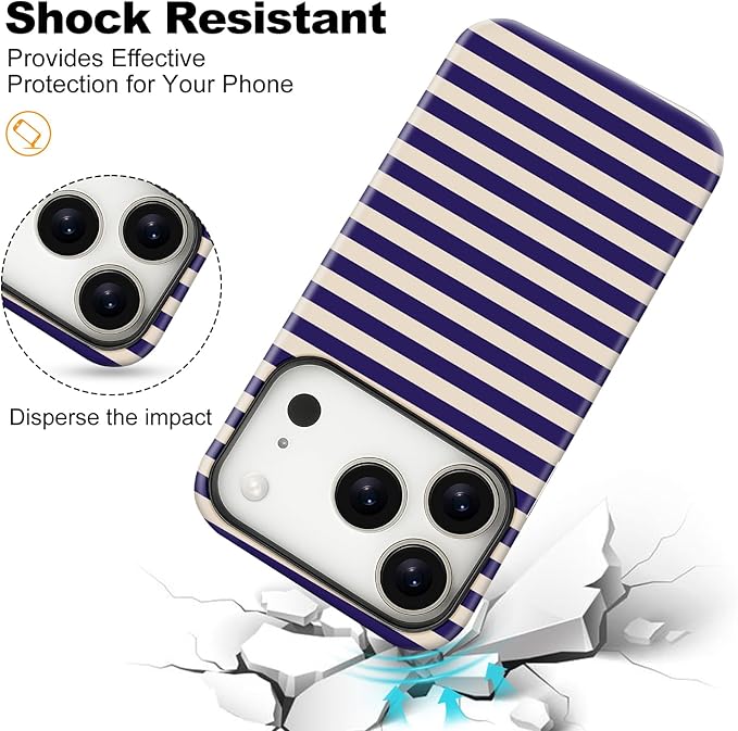 Magnetic for iPhone 17 Pro Case Cute Stripes Phone Case, Shockproof Slim TPU and Hard PC Protective Phone Cover Compatible with MagSafe Designed for Women Girls, Blue&Apricot