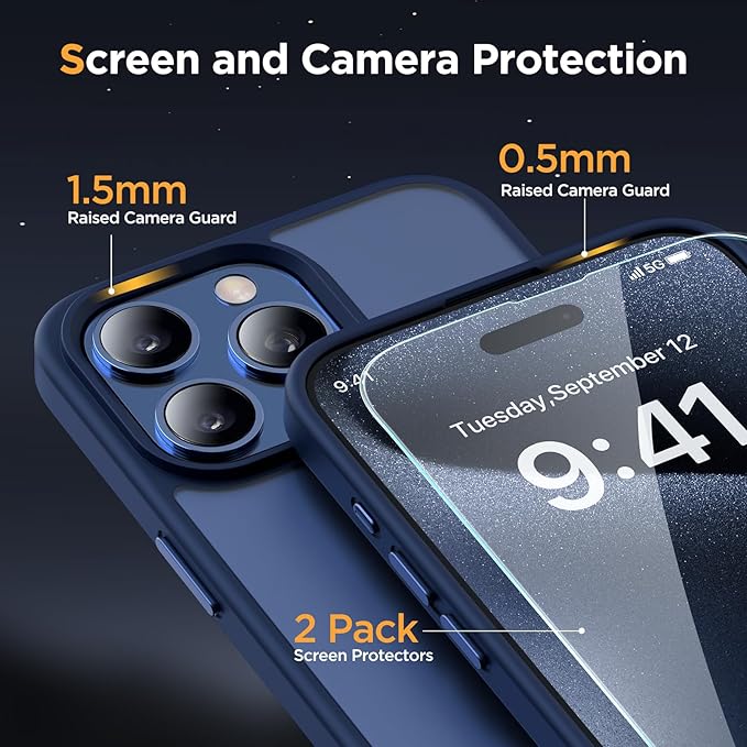 Miracase Magnetic for iPhone 14 Pro Case 6.1 inch (Compatible with MagSafe)（with 2X Screen Protectors） Military-Grade Protection, Anti-Fingerprint Translucent Matte Phone Case Cover, Dark Blue