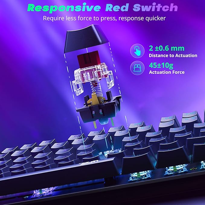 Redragon Mechanical Gaming Keyboard Wired, 11 Programmable Backlit Modes, Hot-Swappable Red Switch, Anti-Ghosting, Double-Shot PBT Keycaps, Light Up Keyboard for PC Mac