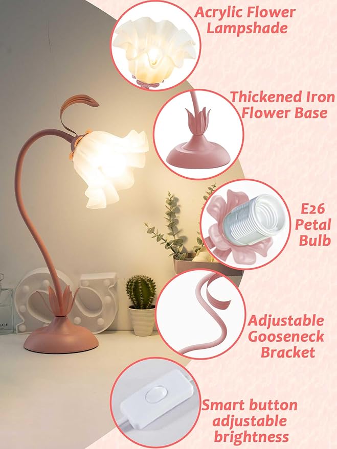 AQDZCNF Flower Table Lamp,LED Reading Light Bedside Vintage Flower Night Light,3 Colors Modes Kawaii Bedside Lamps Decor,Living Room Bedroom Room Lighting Table Lamps Home Decoration (Pink)