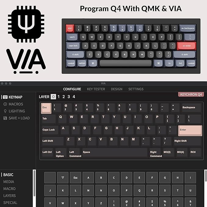 Keychron Q4 Wired Custom Mechanical Keyboard, QMK/VIA Programmable Macro, Full Aluminum, Hot-Swappable Gateron G Pro Blue Switch, 60% Layout Double Gasket Compatible with Mac and Windows - Black