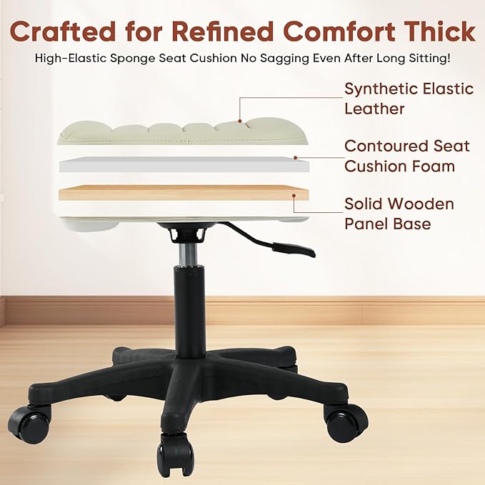 Height Adjustable Foot Stool,550lbs Heavy Duty Large Seat Under Desk Footrest,Swivel Rolling Chair Sturdy Wheels,2 in 1 Ottoman Stool Meeting Chair for Home Office,Creamywhite