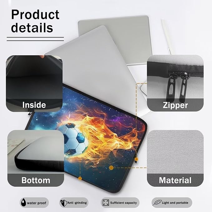 Water Flame Football Computer Sleeve for Men 15 InchLaptop Sleeve Neoprene Laptop Covers with Padded Compartment Lap Top Case Soccer Computer Carrying Bag
