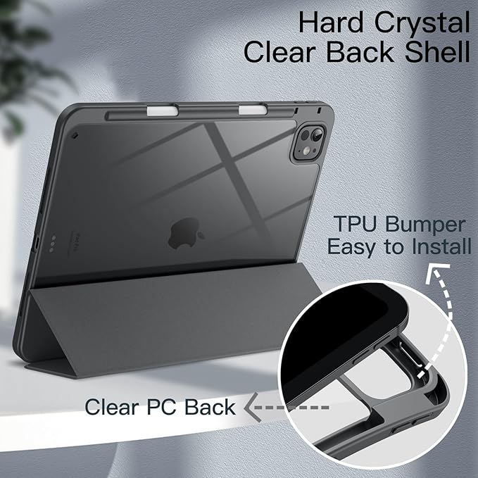 JETech Case for iPad Pro 11-Inch M5/M4 2025/2024 (6th/5th Generation) with Pencil Holder, Clear Transparent Back Shell Slim Stand Shockproof Tablet Cover, Auto Wake/Sleep (Space Gray)