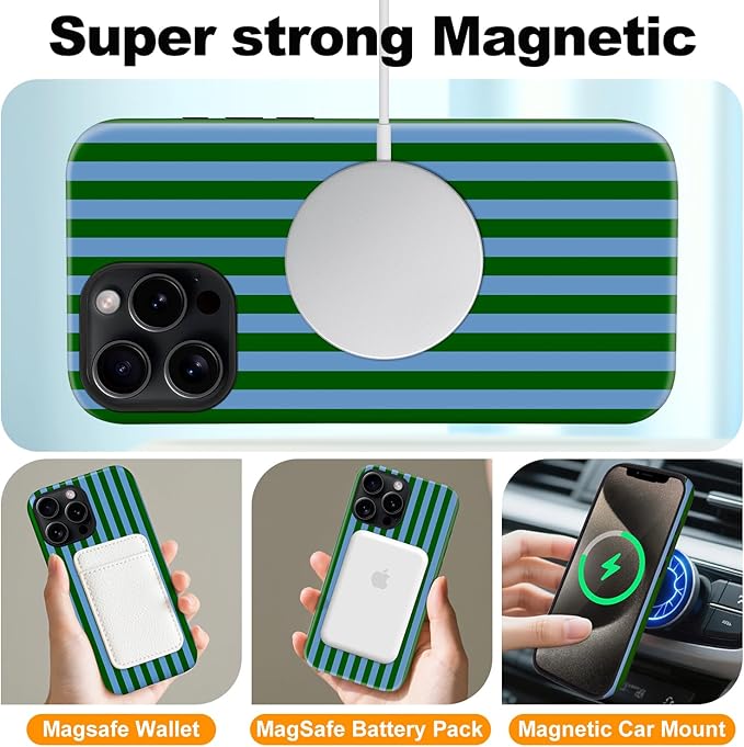 Magnetic for iPhone 15 Pro Max Case Cute Stripes Phone Case, Shockproof Slim TPU and Hard PC Protective Phone Cover Compatible with MagSafe Designed for Women Girls, Green and Blue
