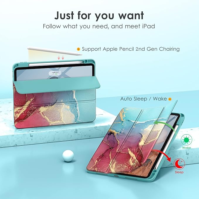 VIKESI for iPad Pro 11 Inch 4th/3rd/2nd/1st Generation Case, iPad Air 11-inch / 5th / 4th Generation Case with Clear Back,Pencil Holder,Auto Sleep/Wake,Camera Protection,Sky Marble