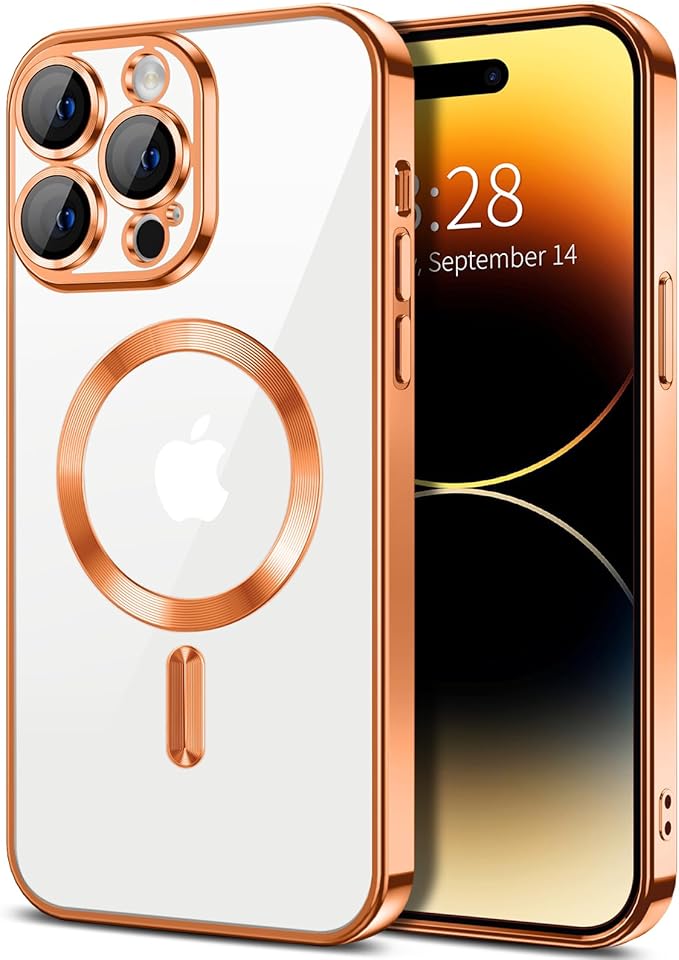 Hython Magnetic Clear for iPhone 14 Pro Max Case with Camera Lens Protector [Compatible with MagSafe] Plating Edge Slim Soft TPU Cover Protective Phone Case for iPhone 14 Pro Max 6.7", Orange