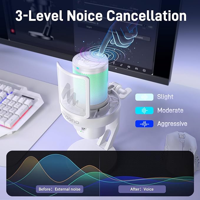 MAONO Wireless Microphone for PC, USB Gaming Mic with 6 Modes AI Voice Changer, 48kHz/24bit, 40H Battery, Intelligent Noise Reduction, RGB, One-Click Mute for Computer Podcast Recording Streaming,DM40