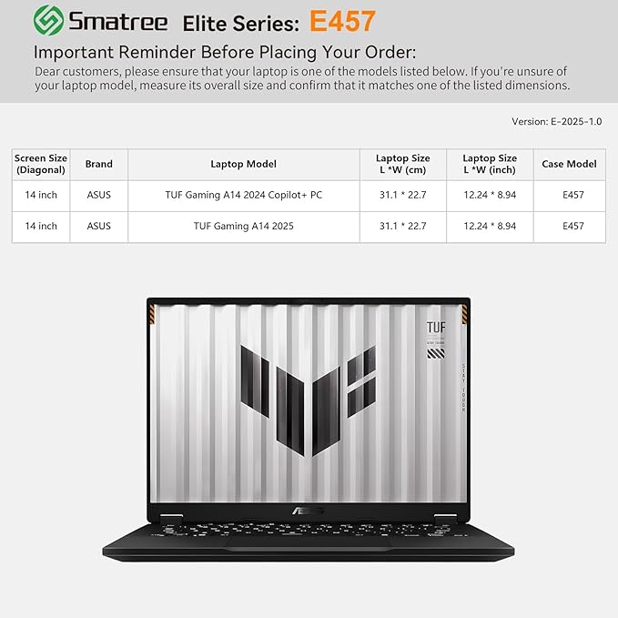 Smatree Laptop Sleeve for 14 inch ASUS TUF Gaming A14 2025, for 14 inch ASUS TUF Gaming A14 2024 Copilot+PC, Laptop Case with Accessory Pocket, YKK Zipper, Patented Shockproof Design (E457)