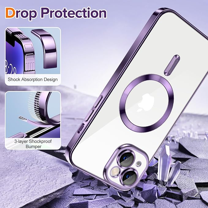Hython Magnetic Clear for iPhone 14 Case with Camera Lens Protector [Compatible with MagSafe] Luxury Plating Edge Slim Soft TPU Cover Protective Phone Case for iPhone 14 6.1", Deep Purple