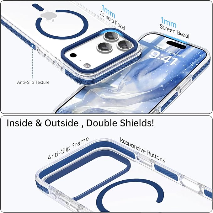 BENTOBEN Magnetic for iPhone 17 Pro Case 6.3", Compatible with Magsafe Military Shockproof Protective Cute Transparent Slim Anti-Yellowing Phone Case for iPhone 17 Pro Cover, Clear Deep Blue