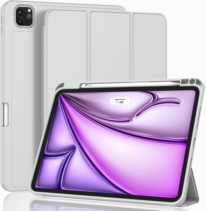 ZryXal New iPad Air 13 Inch Case M3 2025/M2 2024 with Pencil Holder, Trifold Stand Smart Case with Soft TPU Back,Auto Wake/Sleep(Light Gray)