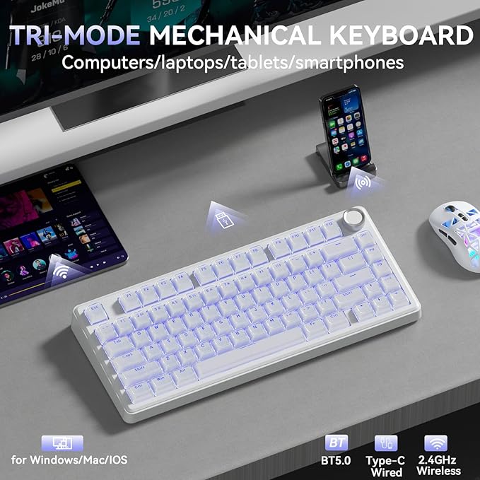 SOLAKAKA A75 Wireless Gaming Keyboard with Multifunction Knob, BT5.0/2.4GHz/USB-C, 75% Mechanical Keyboard, Hot-Swappable, Gasket Creamy Keyboard with RGB Backlit, Crystal Keycaps, for PC/Mac/PC