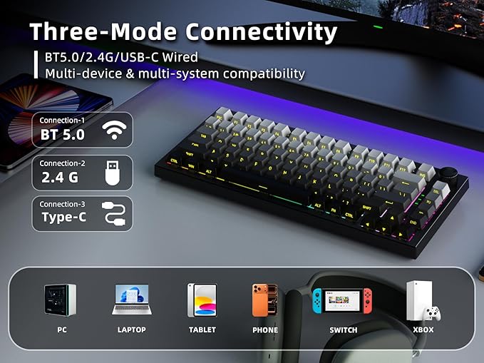 Gurjot Wireless Mechanical Keyboard, 75% Hot Swappable Custom Keyboard with Knob,PBT Keycaps,BT5.0/2.4GHz/USB-C,RGB Backlit, Mechanical Gaming Keyboards for PC/Tablet/PS/Xbox