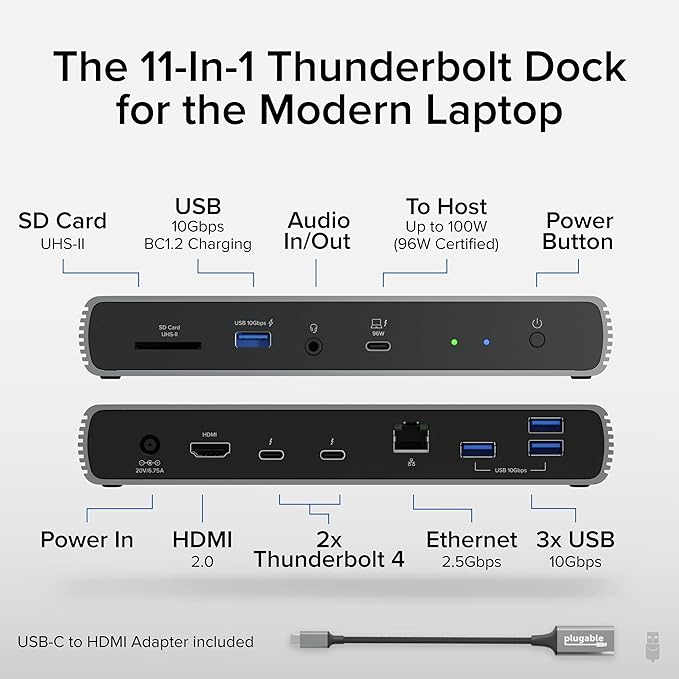 Plugable Thunderbolt 4 Docking Station | TAA-Compliant Dual Monitor Laptop Dock for Mac & Windows | 3X Thunderbolt Ports, USB-C to HDMI Adapter, 100W PD, 2.5Gb Ethernet, 4X USB-A 10Gbps (TBT4-UDX1)