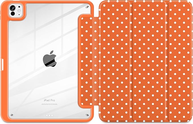 Case for iPad Pro 11 Inch (M5 2025 M4 2024) – [Built-in Pencil Holder], Shockproof & Stylish, Clear Hard Back + Soft TPU Edge, Magnetic Trifold Stand, Auto Wake/Sleep, Orange White dot