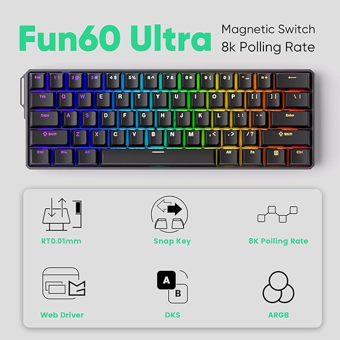 MONSGEEK FUN60 Ultra Rapid Trigger Gaming Keyboard 8k Magnetic Switch TMR Aluminum Wired Keyboard 60% Black Shine-Through MagMech, Glare Magnetic Switch