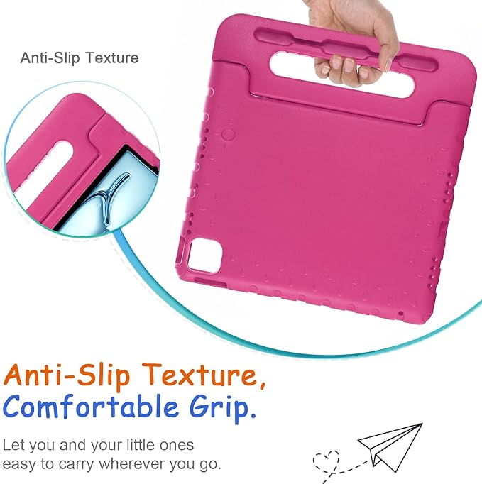Kids Case for iPad Pro 11" M5/M4 & iPad Air 11" (2026/2025/2024) Shockproof Case with Pencil Holder, Techcircle Light EVA Foam Handle Stand Bumper Protective Child Friendly Drop Proof Cover, Rose