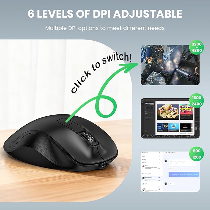 TECKNET Wireless Mouse, Bluetooth Mouse (BT5.0/3.0 & 2.4G) Rechargeable 4800 DPI Silent Mice, Computer Mice with USB A Receiver,Ergonomic Grips Optical Cordless Mice for Laptop/Mac/PC,Black