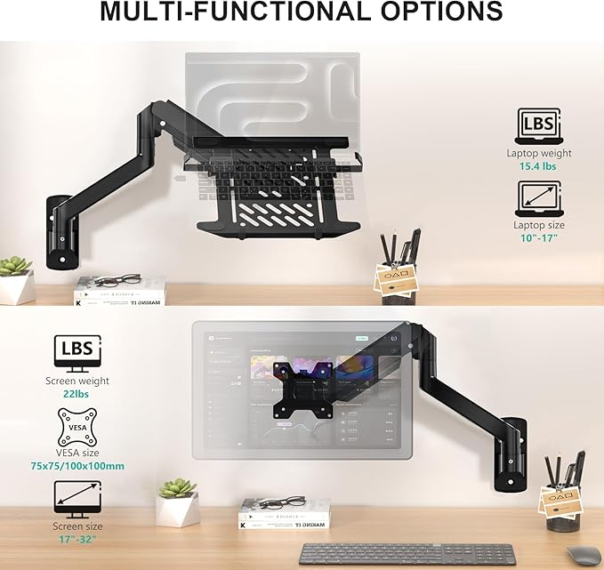WALI Laptop Wall Mount, Fully Adjustable Laptop Arm Fits 10 to 17" Notebook, 2-in-1 Monitor Wall Mount for 17 to 32" Computer Screen, Holds up to 15.4-22lbs(GSWM001NLP), Black