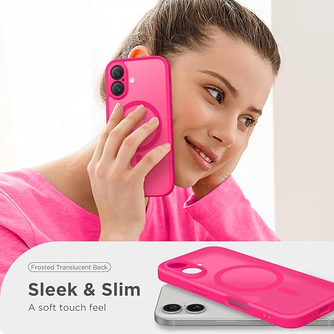 CAPRARO Magnetic Compatible with iPhone 16 Case, Upgraded [Full Camera Protection] [Compatible with MagSafe] Protective Translucent Matte Women Girl Phone Case Cover, Hot Pink