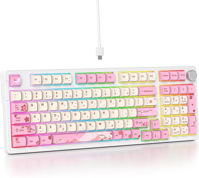 surmen Pink Creamy Keyboard with with Number Pad, 96% RGB Full Gasket Mounted Hot Swappable Custom Wired Thocky Keyboard with Knob for Office Gamer (98 Ying)