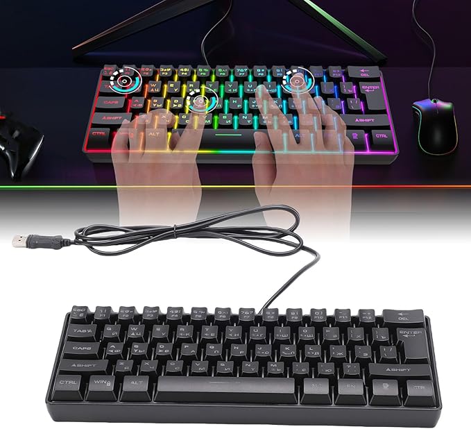 PUSOKEI 60% Mechanical Gaming Keyboard, 61 Keys Mini USB Wired Keyboard with RGB Backlit, Hot Swappable, Full Keys No Conflict, Russian English Dual Language for PC (Black)